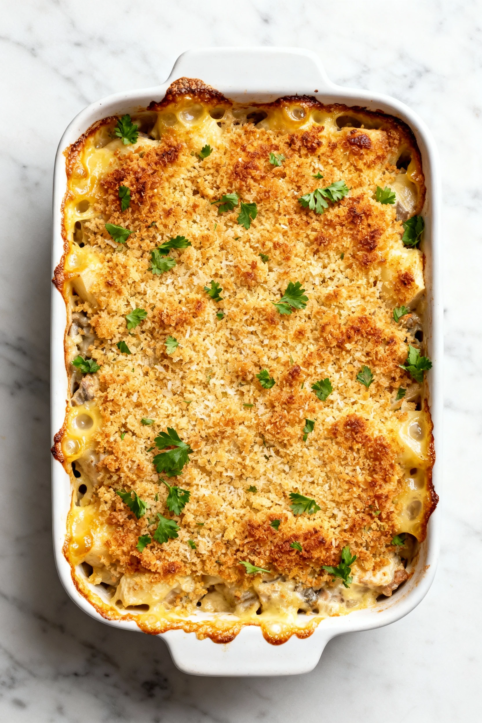 2. Tasty top view - overhead shot of the casserole after the final bake (quick broil for extra color), evenly browned bu