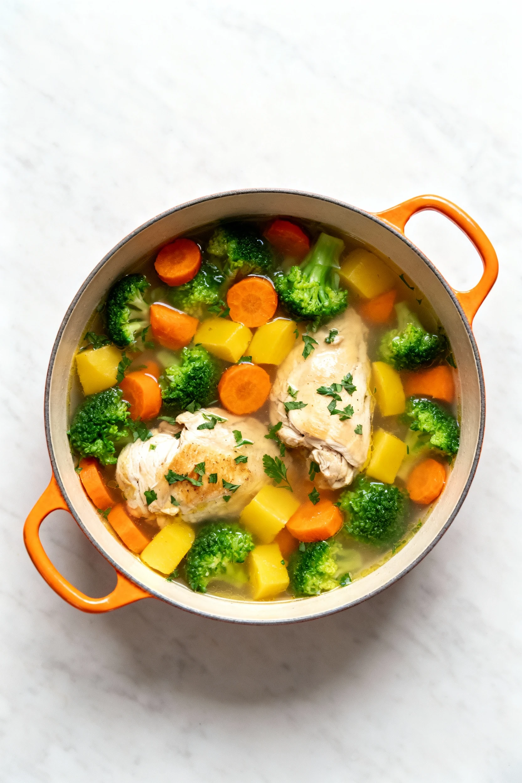 Overhead shot of colorful mixed vegetables and tender chicken simmering in chicken broth with visible herbs, vibrant gre