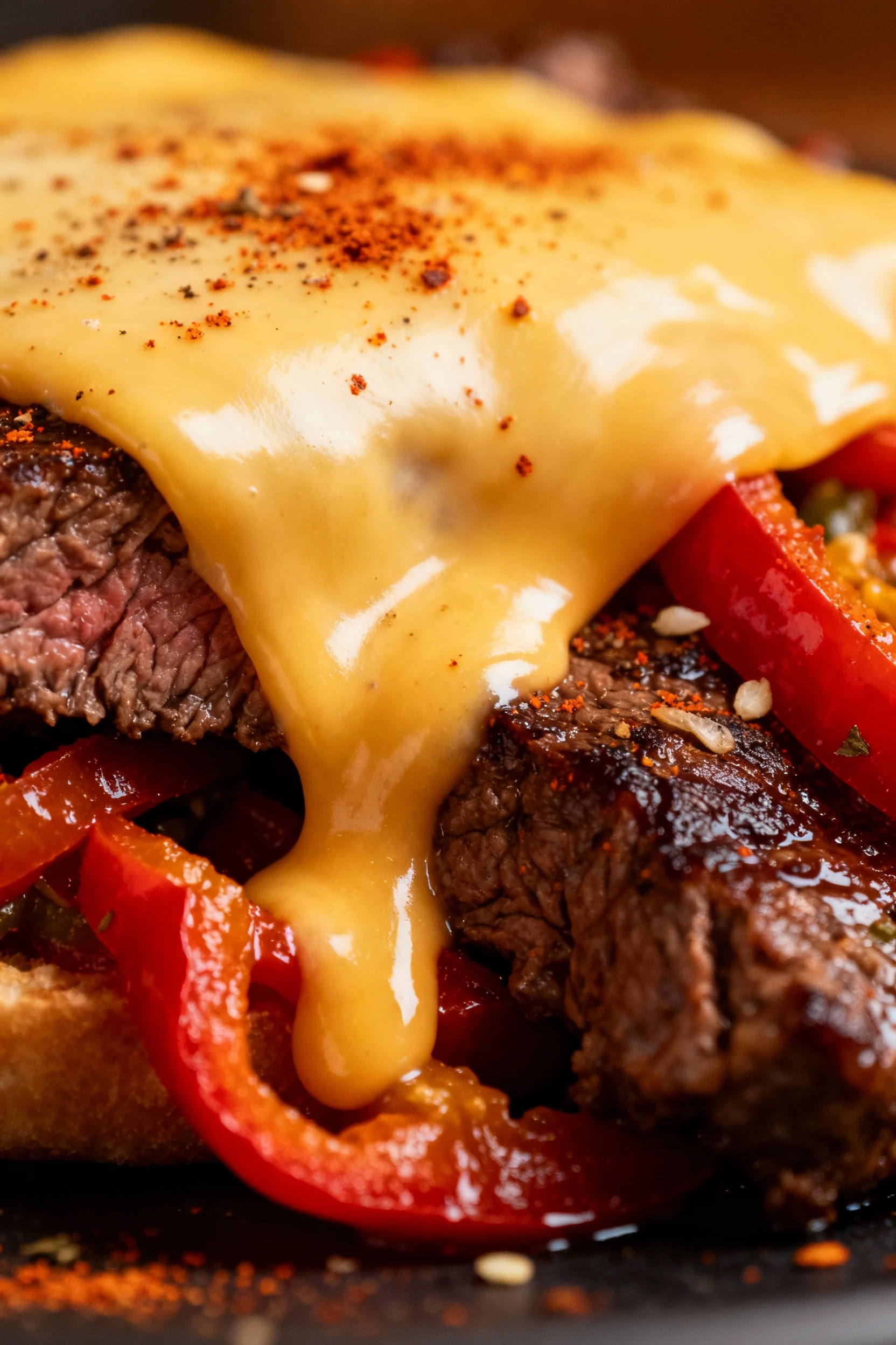 Close-up of melted provolone cheese cascading over juicy steak and pepper mixture, with specks of smoked paprika and gar