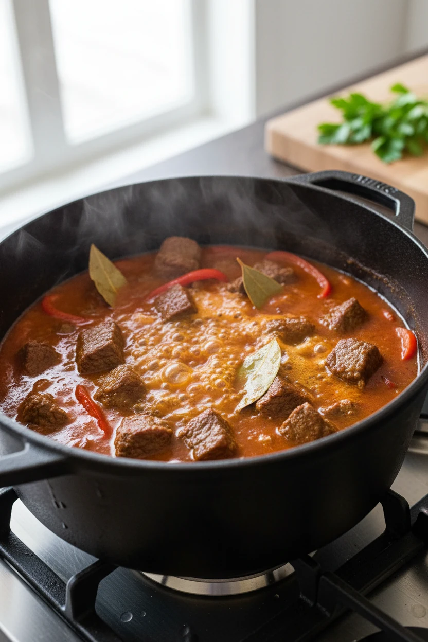 45-degree shot of goulash gently simmering: mahogany-seared beef chuck cubes, bay leaf and red bell pepper in a paprika-