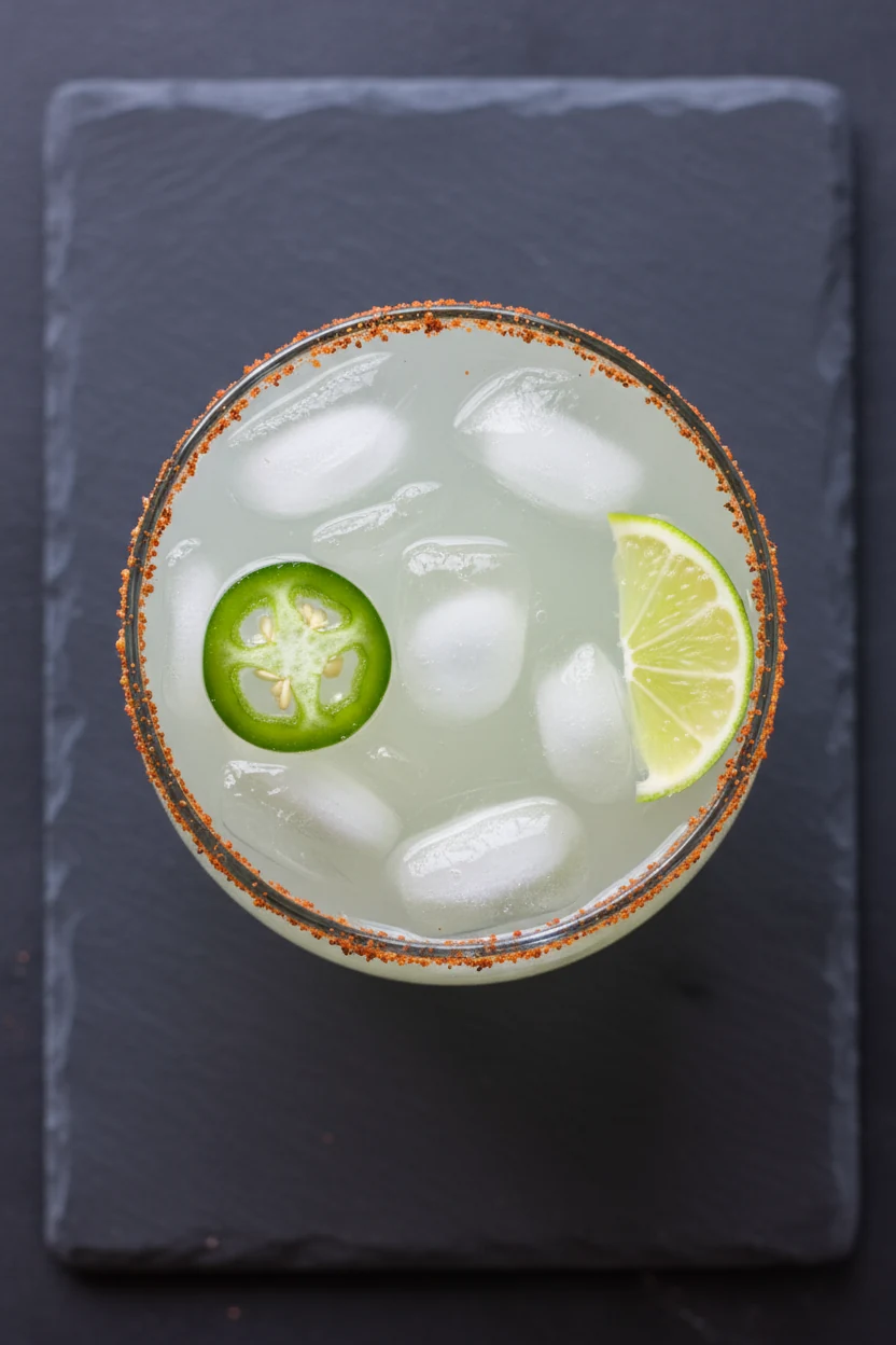 2. Overhead shot of a spicy jalapeño margarita on the rocks with a tajín half rim (red-orange speckles), one thin jalape
