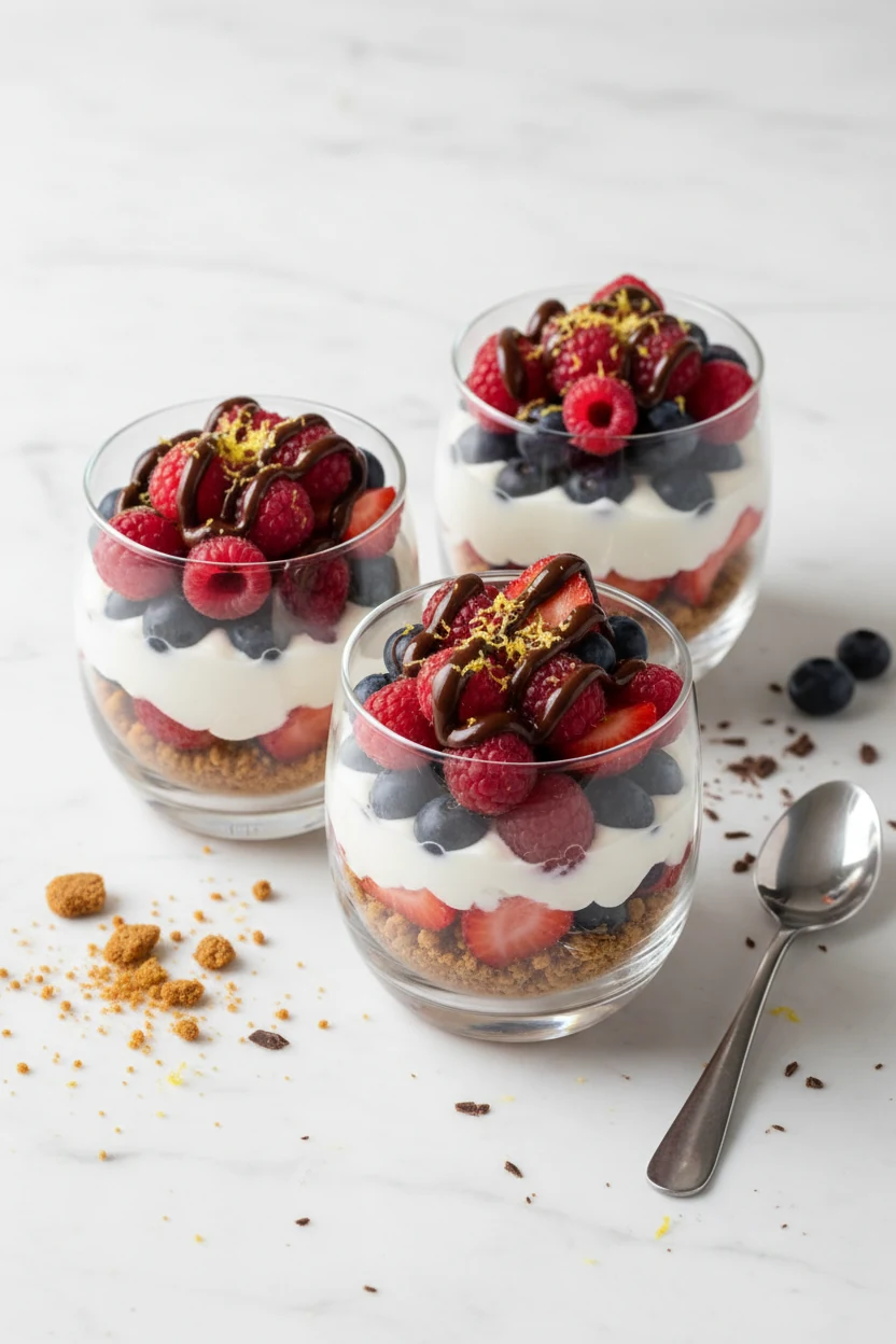 Overhead shot of multiple clear-glass berry parfaits showing tidy layers—pea-size Biscoff crumbs, ivory cream-yogurt, ju