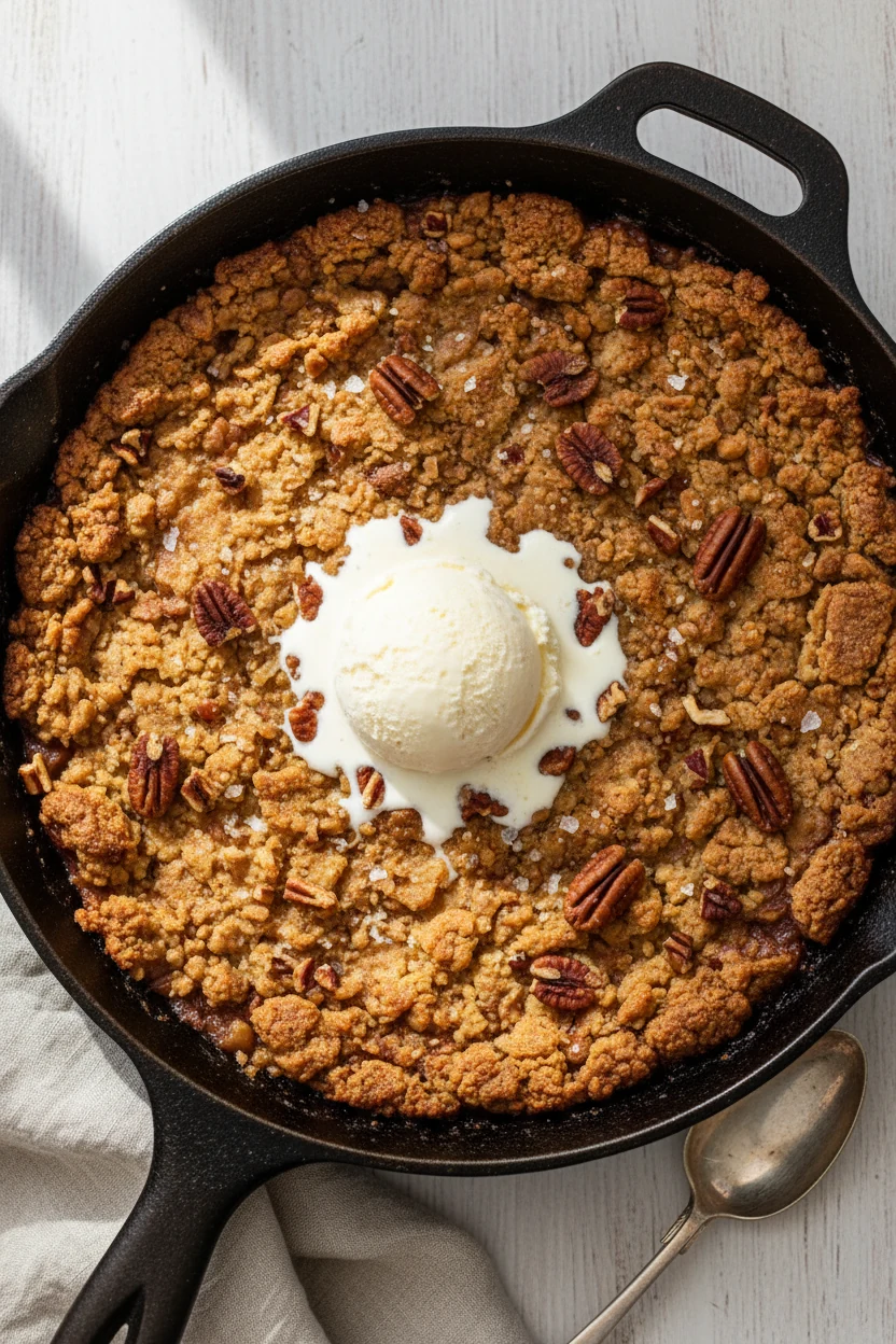 Overhead shot of the baked apple crisp in a cast-iron skillet: deeply golden top, bubbling corners, scattered pecans, pi