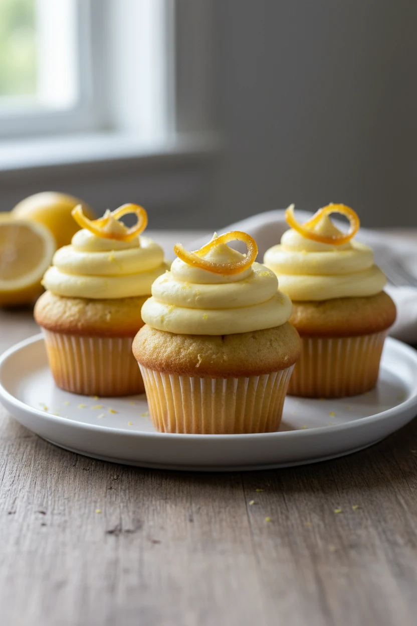 2. Beautifully plated Lemon Zest Burst cupcakes on a matte white plate, piped lemon cream cheese frosting crowned with c