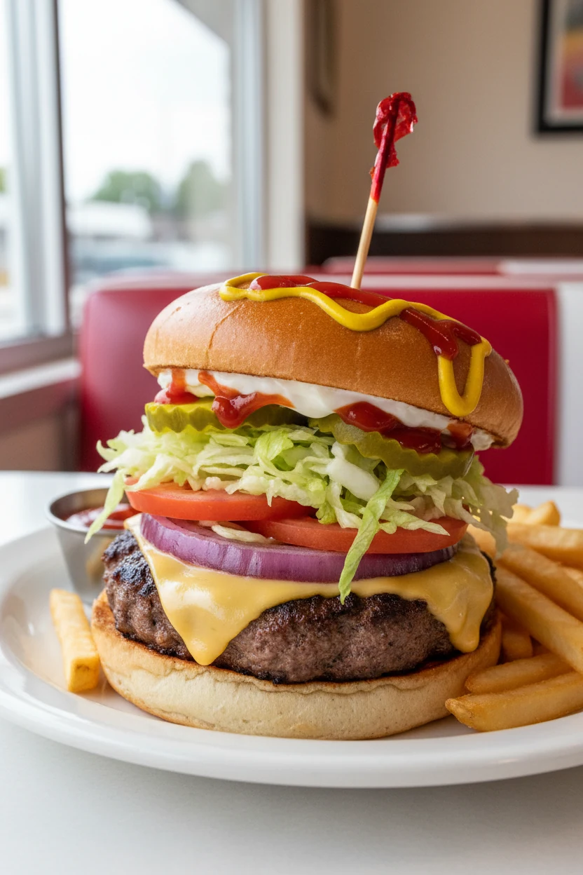 Final dish: classic diner burger on a white plate—juicy 80/20 patty with gently crisp exterior, perfectly melted America