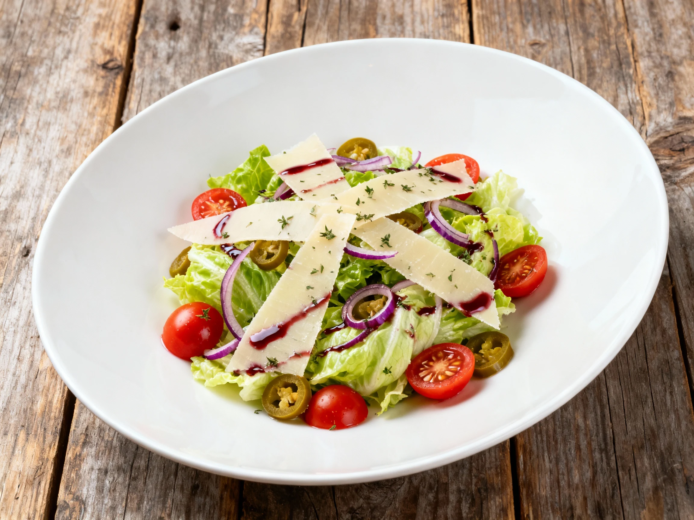 Food photography, Beautifully plated Italian Market side salad—crisp romaine with cherry tomato halves, sliced pepperonc