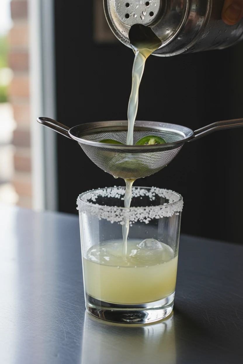 2. Spicy Margarita being fine-strained from a frosty shaker into an old-fashioned glass with a half-salt rim, crisp stre