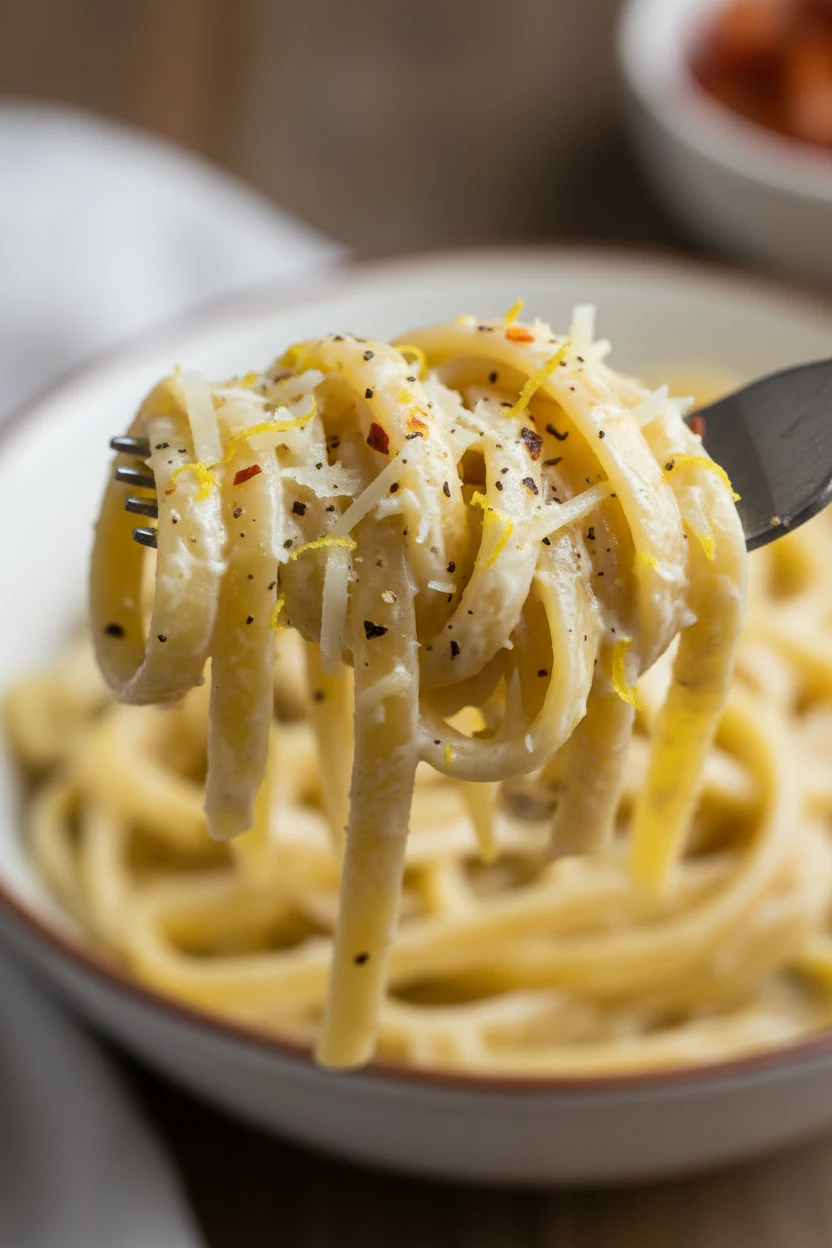 Close-up detail: twirled fettuccine coated in glossy lemon‑garlic cream with melted Parmesan sheen, flecks of lemon zest