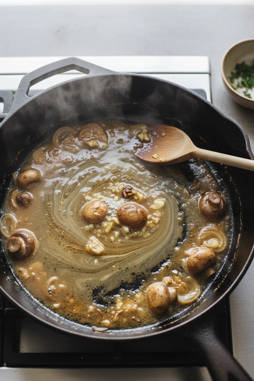 Cooking process overhead: deglazing a 12-inch cast-iron skillet—broth swirling over fond with softened garlic, shallot, 
