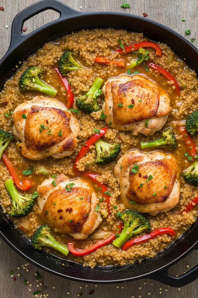 Tasty top view: Overhead shot of one-pan simmer—quinoa absorbing broth with seared chicken nestled on top, bright brocco