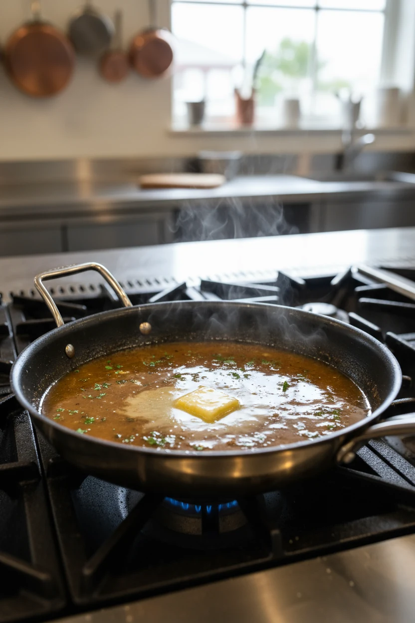 Cooking process shot: glossy pan sauce simmering in the same skillet—chicken stock, a touch of soy/Worcestershire, and l
