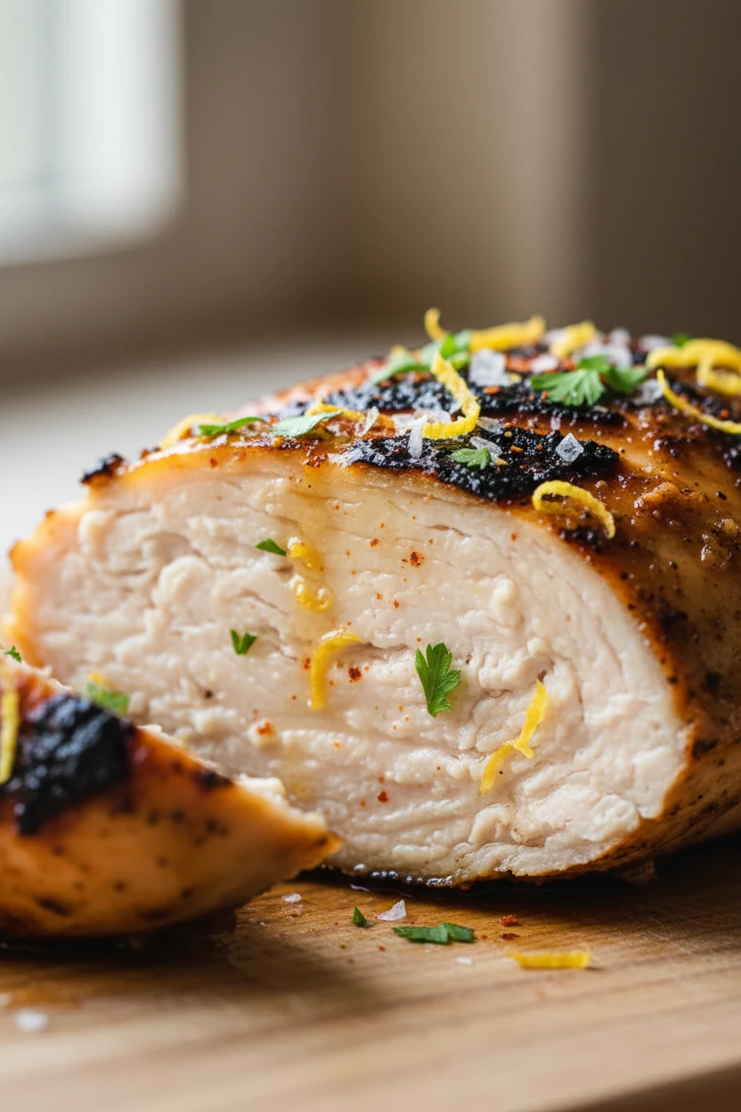 Macro detail of sliced grilled chicken breast showing a juicy center and crisp charred edges, lacquered with the reserve