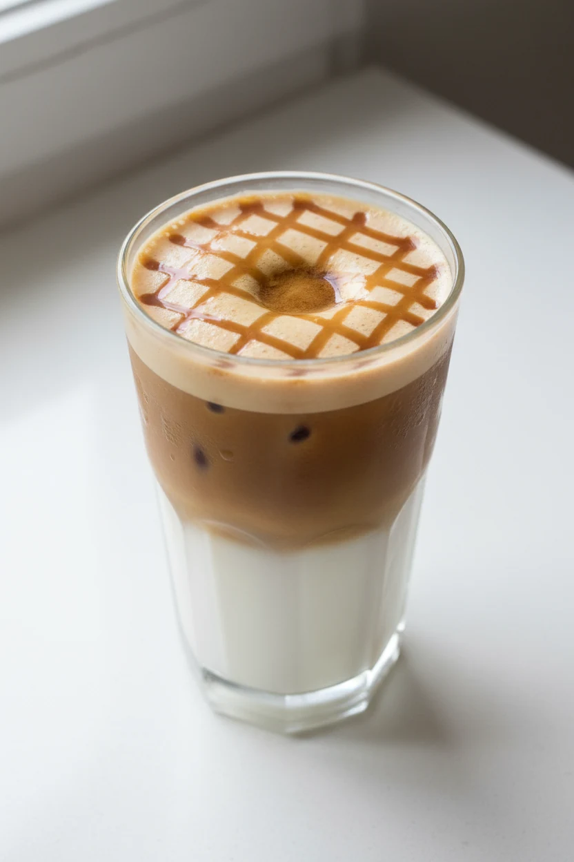 2. Overhead shot of Iced Caramel “Macchiato” showing distinct milk layer, espresso mark on top, and a precise golden car
