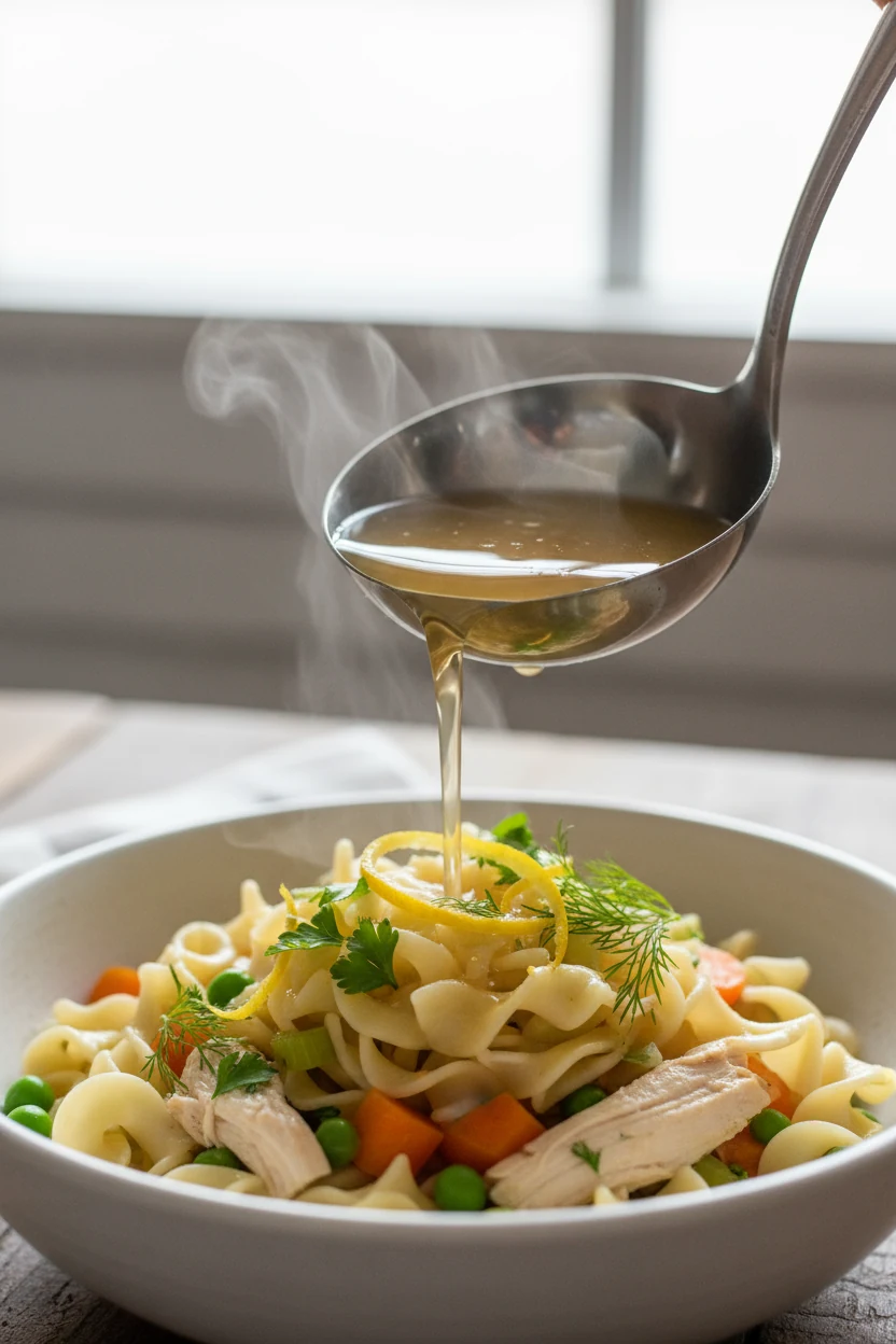 Serve smart action: 45-degree close-up of hot clear broth streaming from a ladle over a nest of al dente egg noodles in 