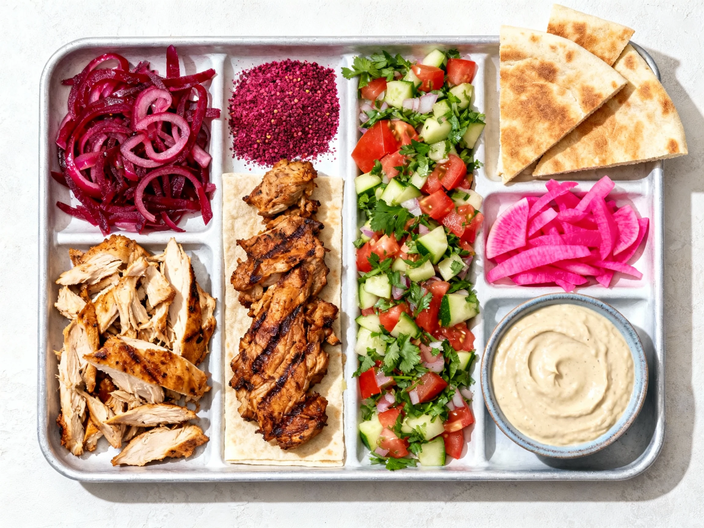 Food photography, 2. Overhead mezze platter: roasted chicken shawarma, crimson sumac onions, tomato–cucumber–parsley sal