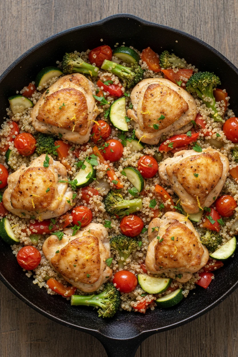 Overhead of the one-pan simmer: quinoa with unfurled tails, chicken nestled, broccoli florets, red bell pepper, zucchini