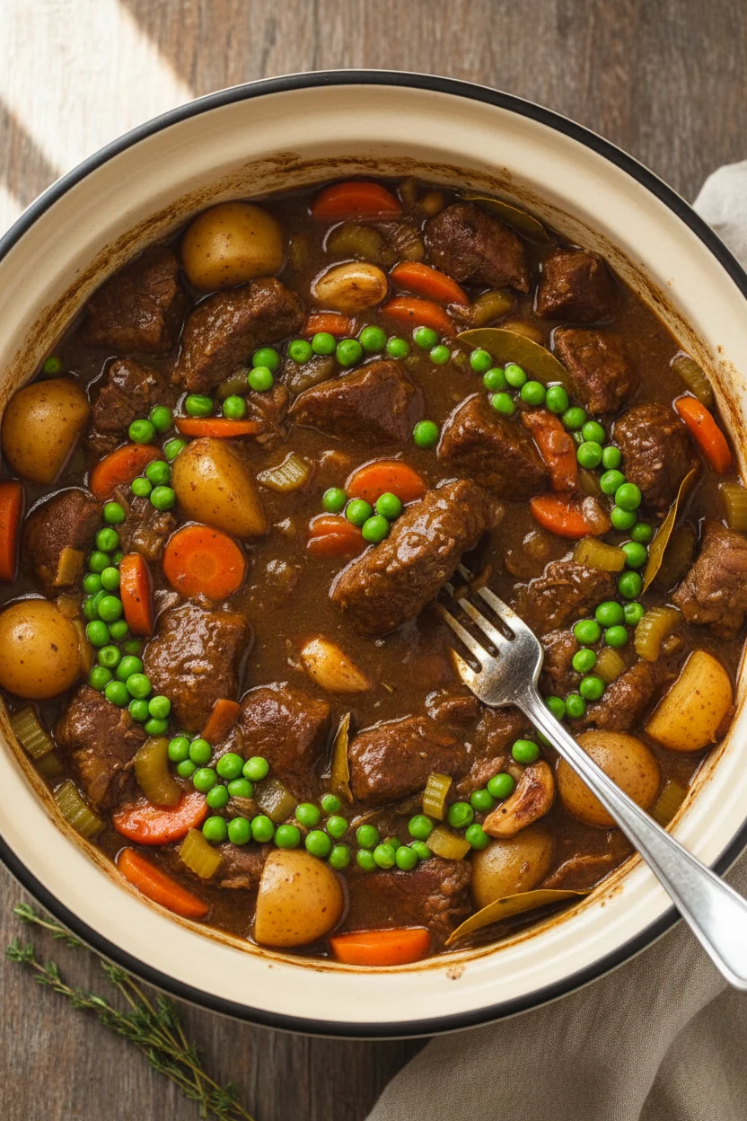 Overhead shot of slow cooker beef stew after thickening: fork-tender chuck roast, carrots, Yukon Gold potatoes, celery a