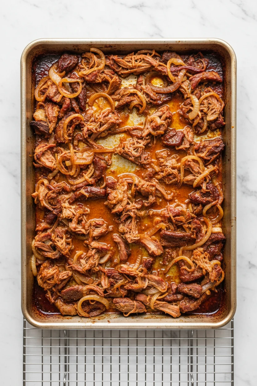 2. Overhead shot of shredded pork spread thin on a sheet pan, broiled 5–7 minutes until crispy, mahogany edges and gloss