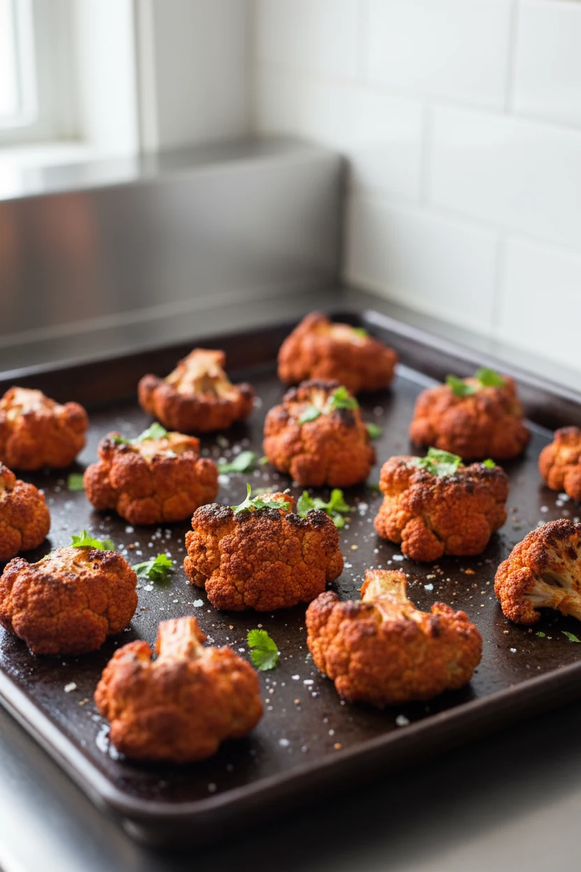 Cooking process: just-broiled tandoori cauliflower spread on a preheated sheet pan, spaced for crispness with visible ca
