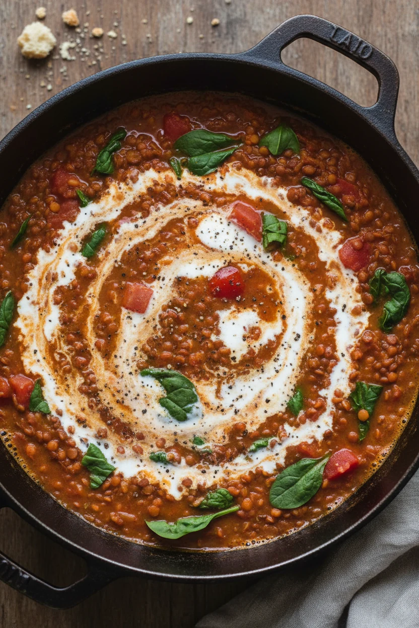 2. Tasty top view: Overhead shot of the stew at a lively simmer—silky red-orange broth with red lentils, diced tomatoes,