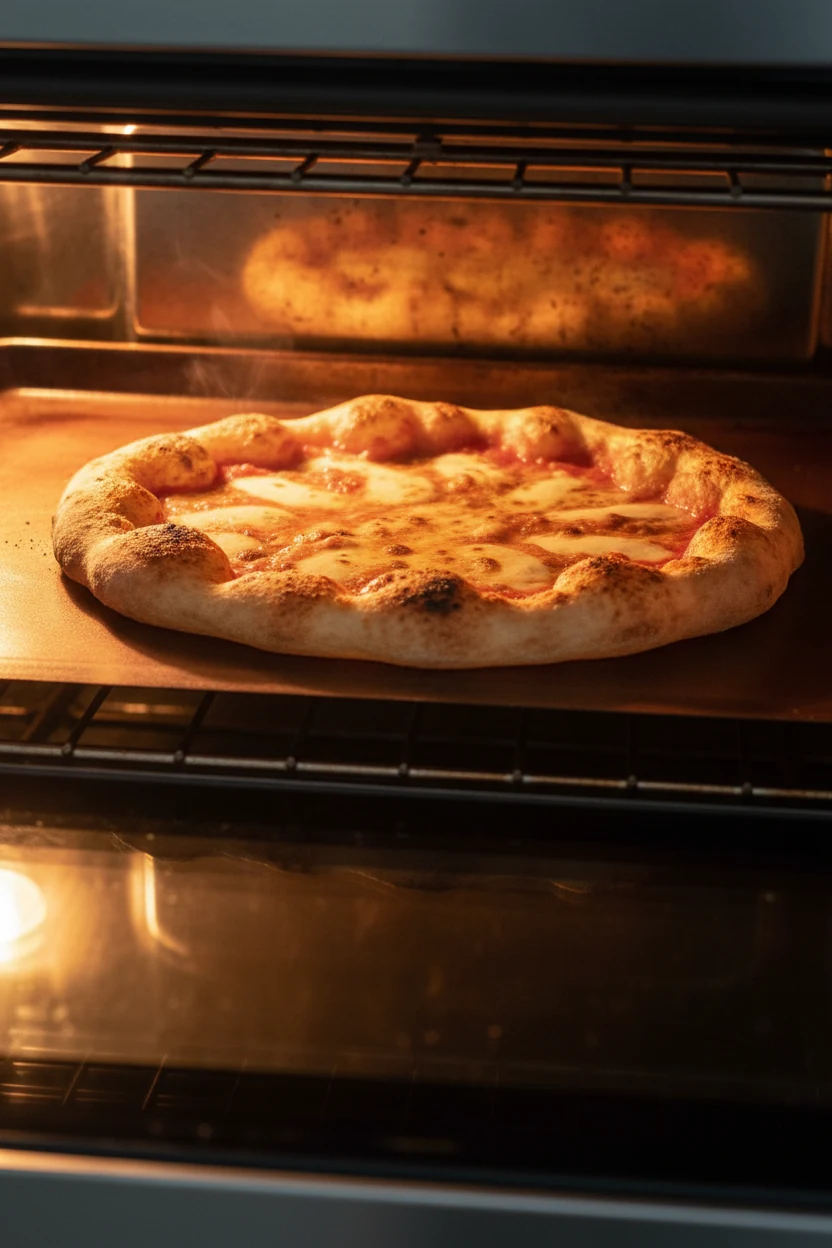 2. In-oven shot of a pizza baking on a preheated steel at 550°F (top-middle rack): edges blistering, cheese caramelizing
