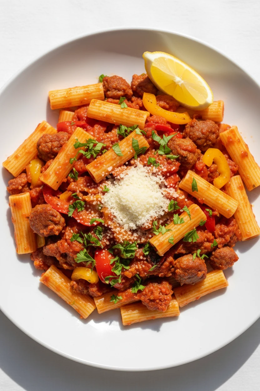 Overhead shot of rigatoni with saucy Italian sausage, red and yellow peppers, and crushed tomato sauce, finished with ba