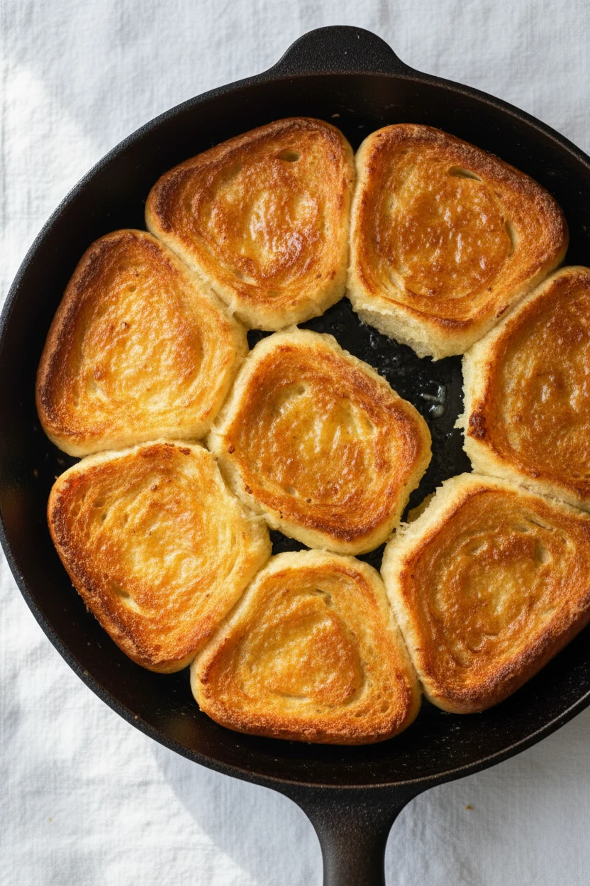 Overhead shot of butter-toasted brioche buns in a hot skillet, cut sides evenly golden and glossy with crisp edges; natu