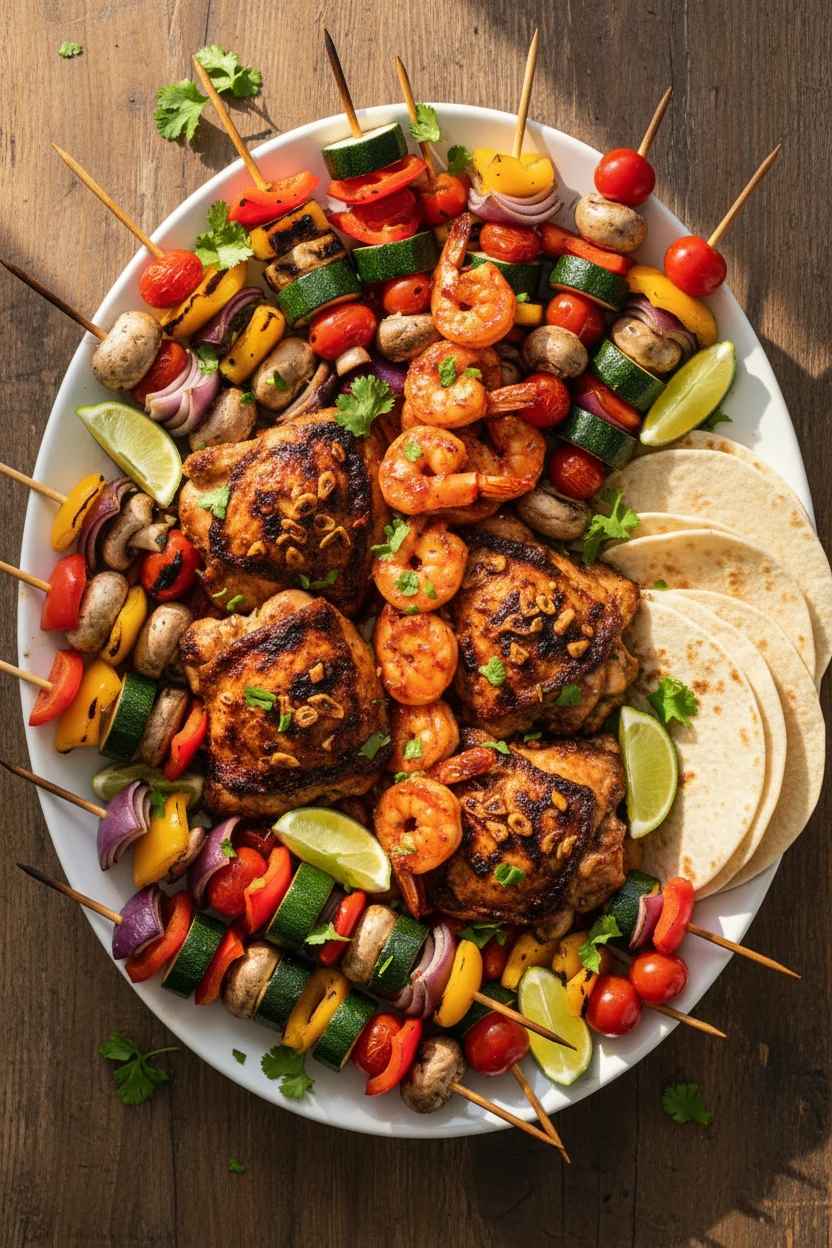 Overhead shot of the final platter: charred citrus-garlic chicken thighs, glossy sweet chili shrimp, rainbow veggie skew