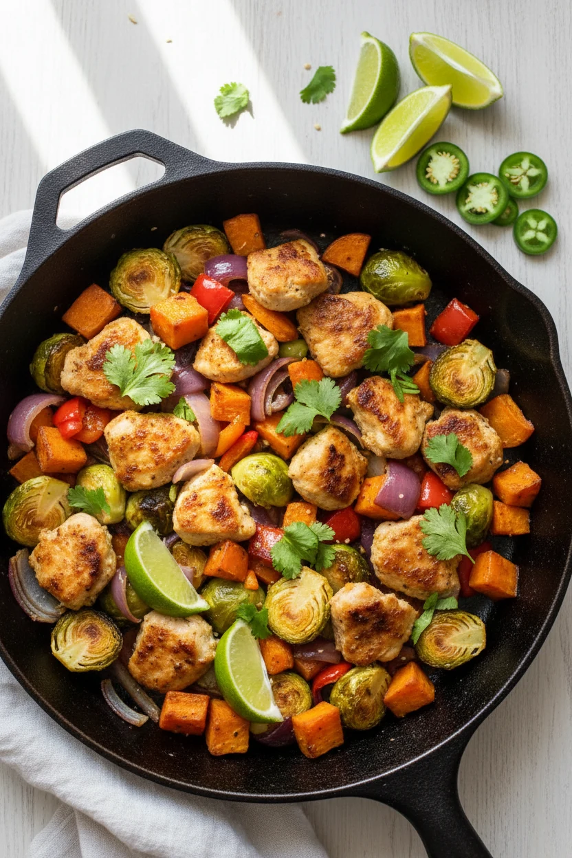 Tasty top view: Overhead of the finished cast-iron skillet—juicy browned chicken bites, charred Brussels sprouts, sweet 