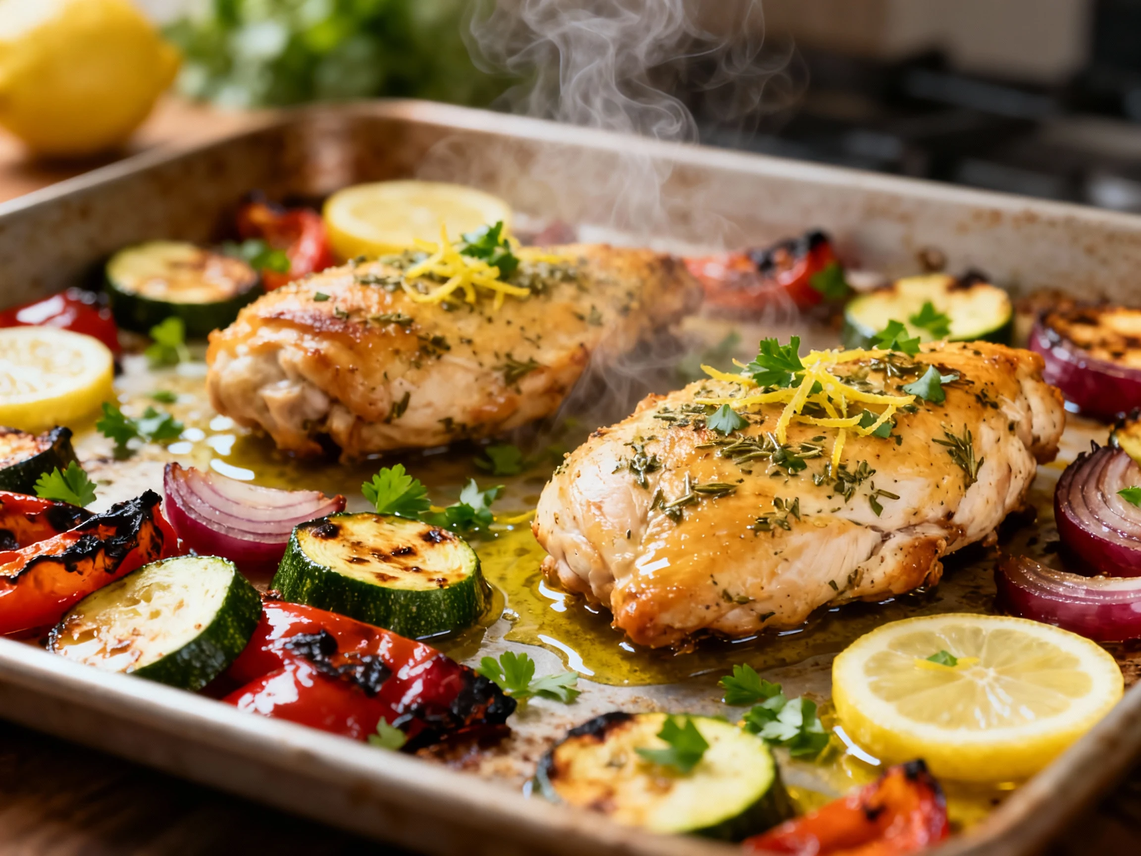 Food photography, Cooking process: sheet-pan lemon herb chicken just out of a 425°F oven—golden, oregano-seasoned chicke