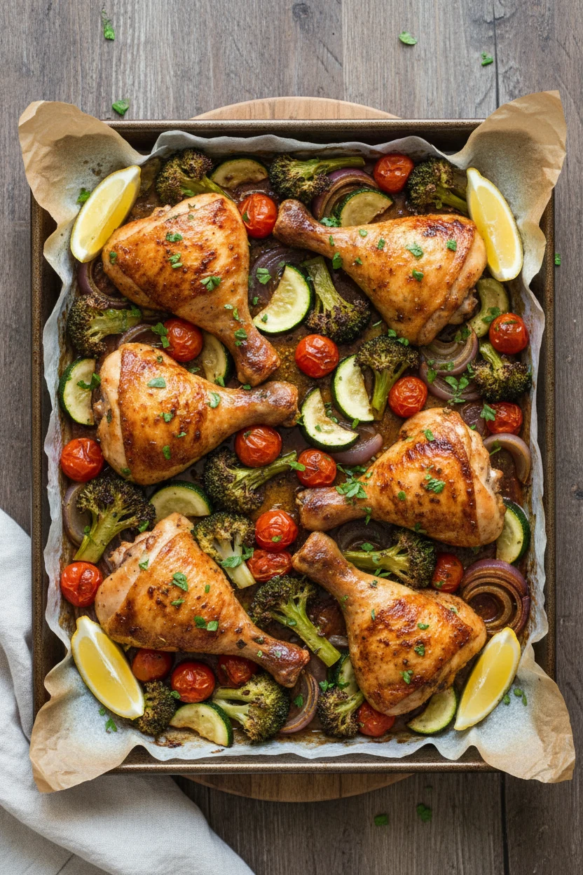2. Overhead shot of the sheet pan right out of the oven: golden-brown chicken nestled among roasted broccoli florets, zu