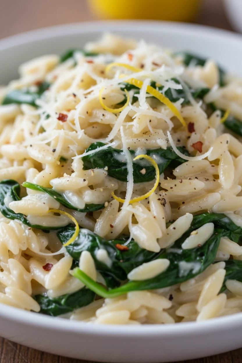Macro close-up of creamy garlic orzo: silky sauce clinging to pasta, ribbons of wilted baby spinach, fine Parmesan melt,
