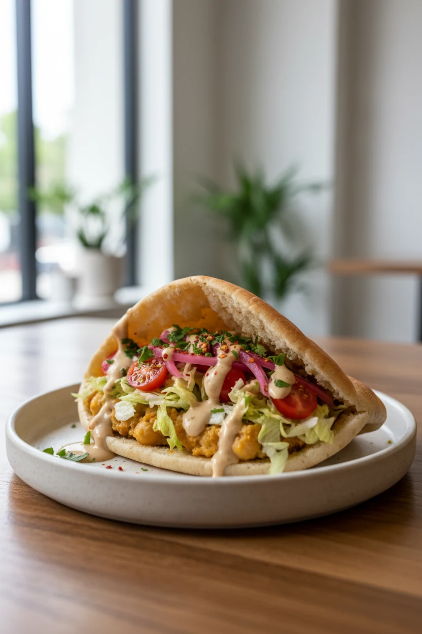 Warm pita stuffed with tahini‑lemon chickpeas, shredded lettuce, cherry tomatoes, pickled onions, and chili crunch; tahi