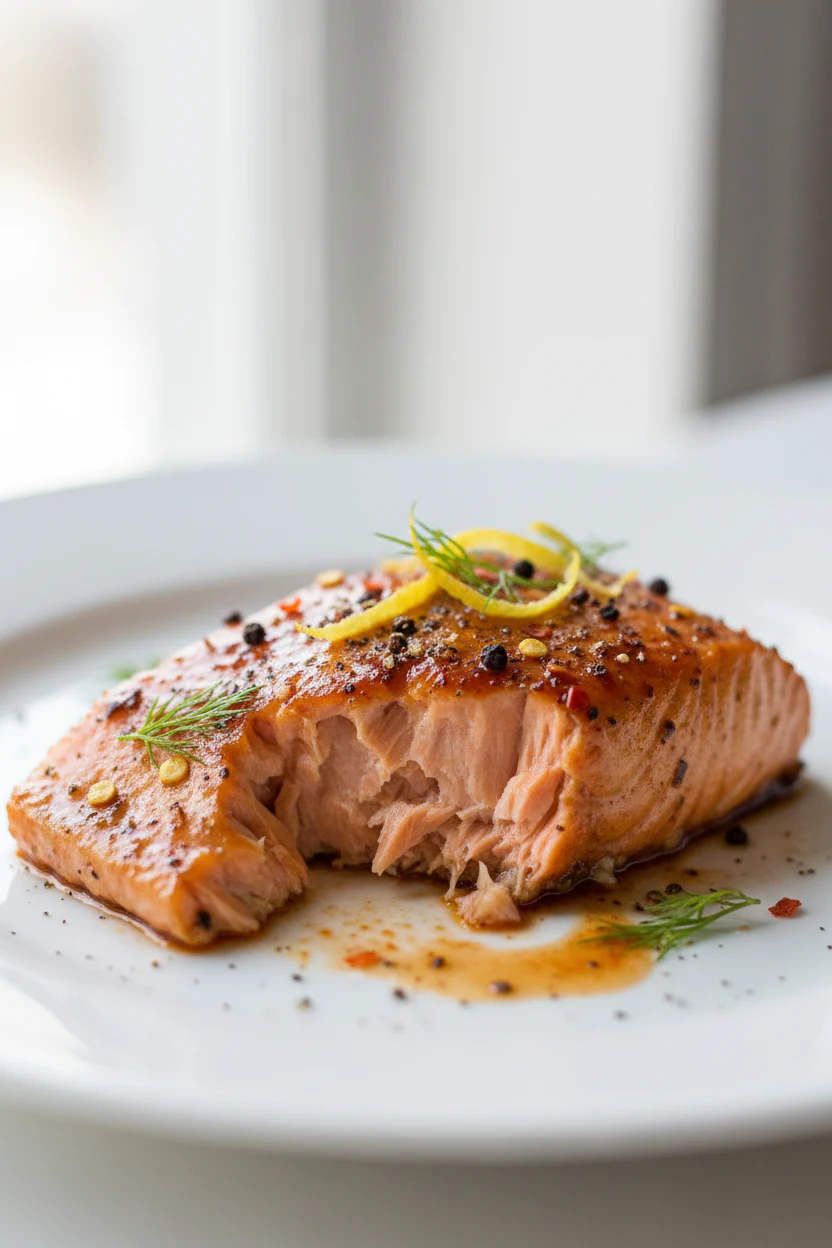 Macro close-up of a single baked salmon fillet on a white plate, crispy edges and moist flaky center glistening with pap