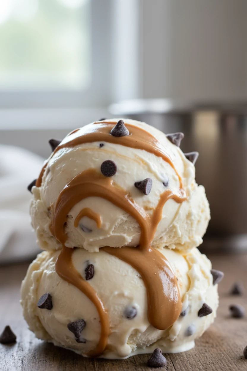 Close-up of freshly spun Master Vanilla ice cream with silky microscraped texture, glossy peanut butter ribbons and mini