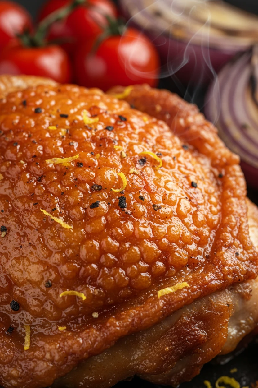 Close-up detail of ultra-crispy chicken thigh skin, smoky paprika sheen, flecks of lemon zest and cracked pepper; shallo