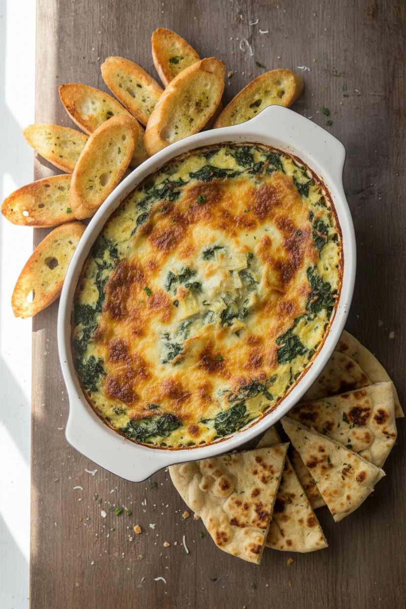 Overhead shot of spinach–artichoke dip baked until bubbly—golden browned Parmesan crust with visible spinach and articho