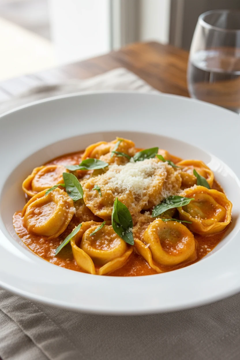 Final dish: Beautifully plated Creamy Tomato Basil Tortellini, cheese tortellini in a velvety tomato-cream sauce, fresh 