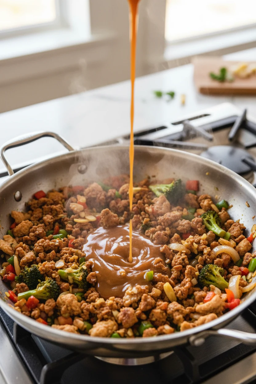 Cooking process: wide skillet with browned ground turkey and sautéed veg as a stream of soy–honey–sriracha sauce pours i