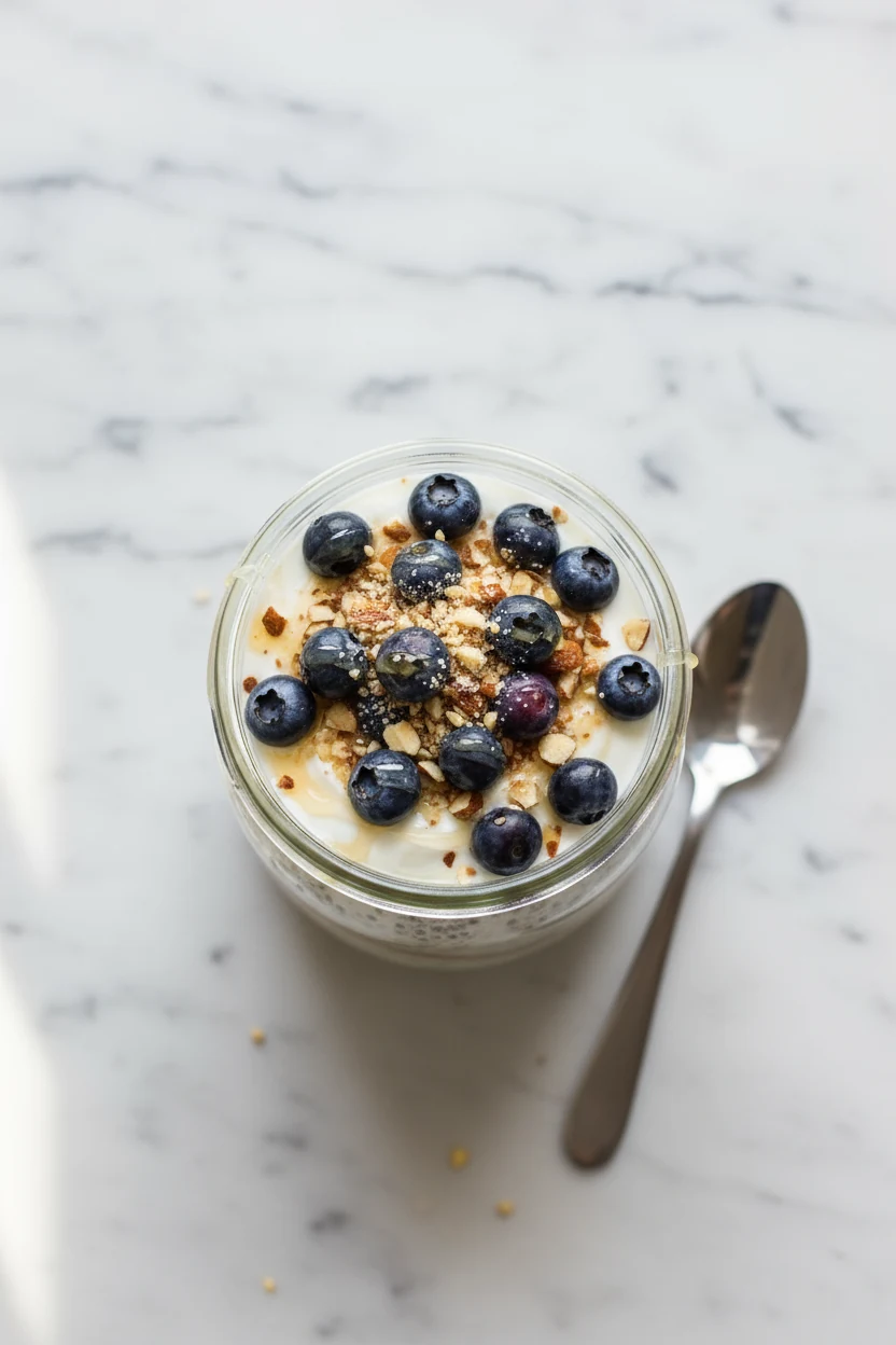 Tasty top view: overnight oats in a glass jar—chia-thickened oats and Greek yogurt layers—topped with blueberries, vanil