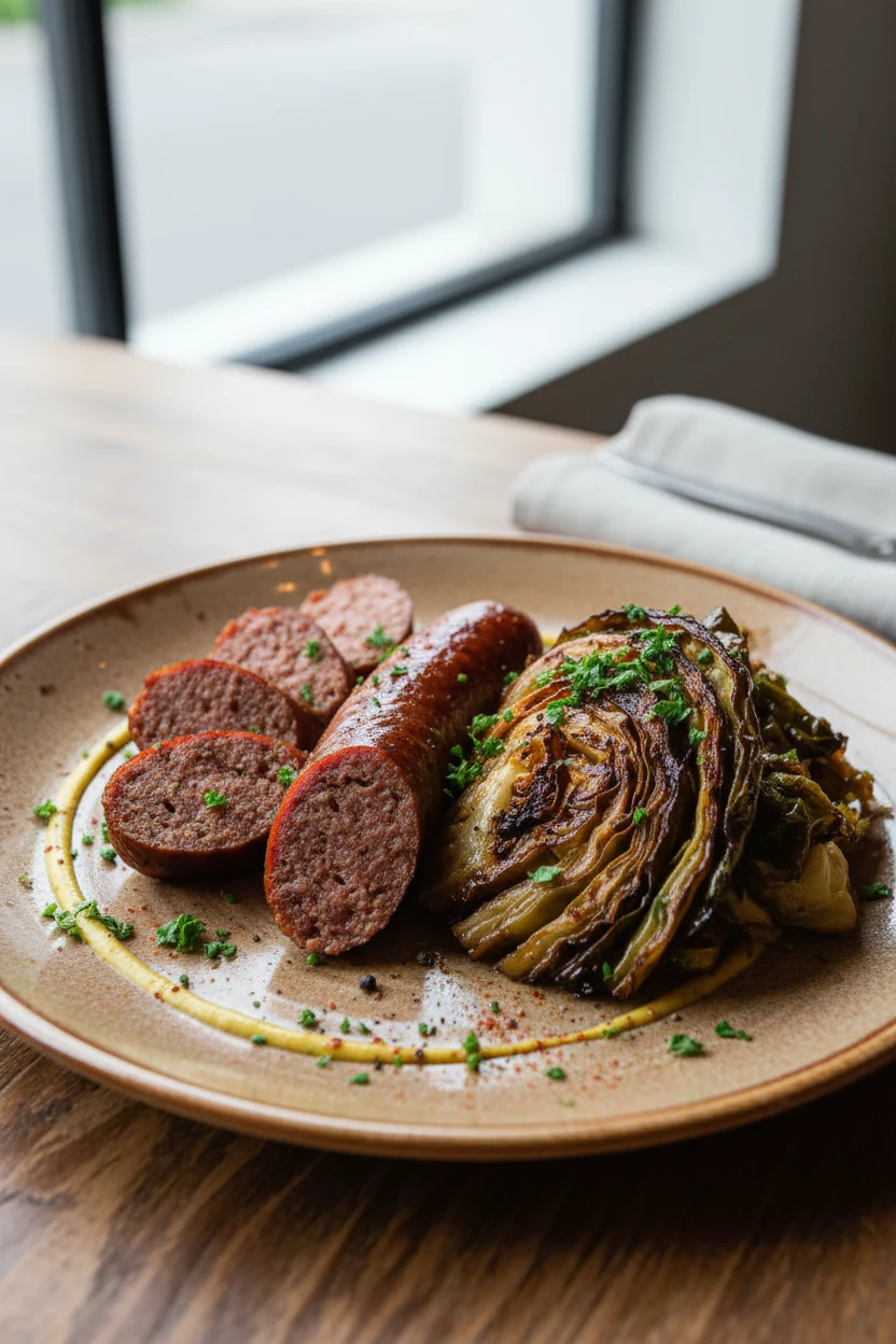 Beautifully plated smoky sausage and sautéed cabbage with charred edges and butter-gloss, thin mustard drizzle and chopp