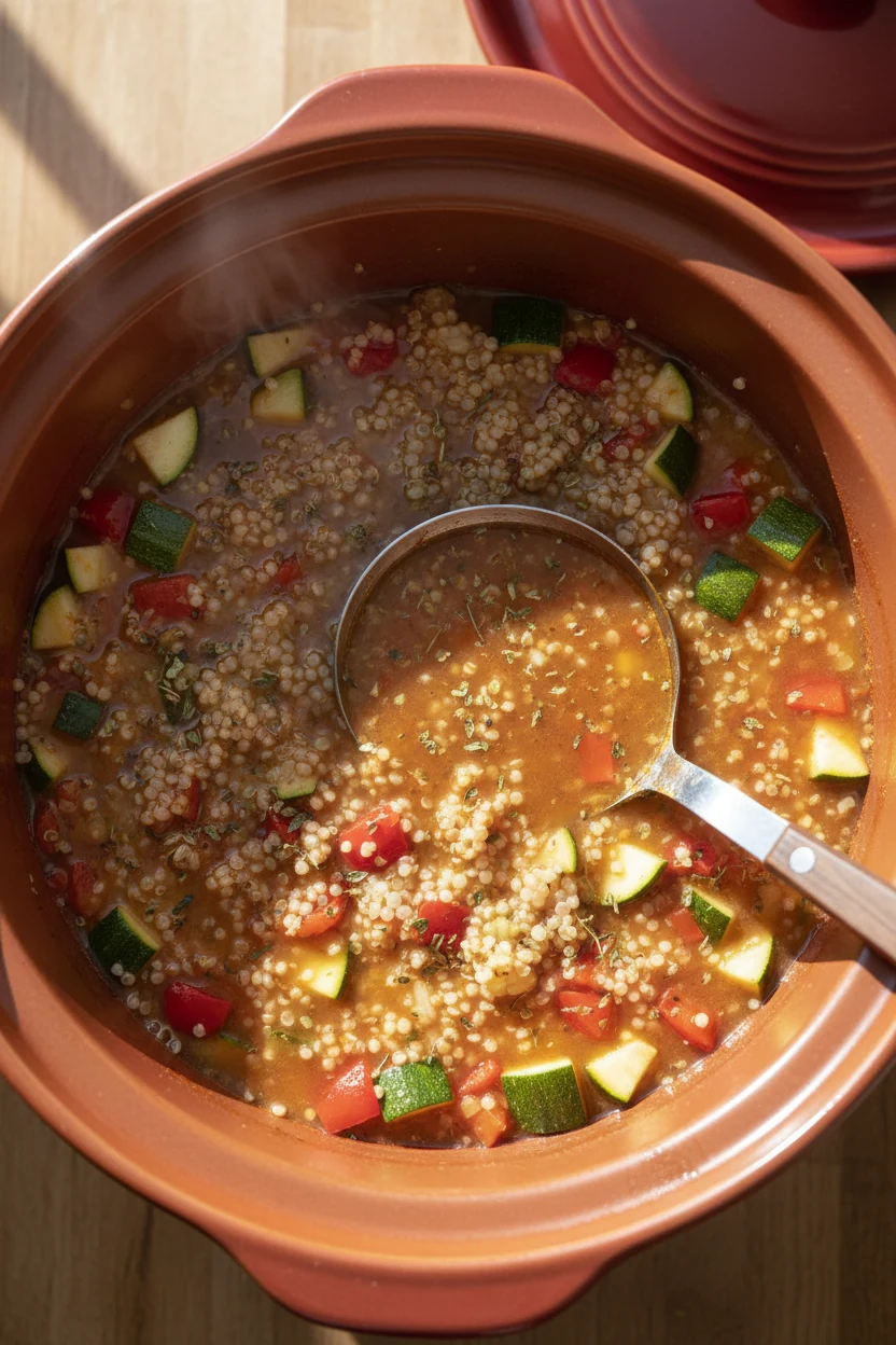 Cooking process overhead: crockpot stew right after quinoa, zucchini, and red bell pepper finish cooking—pearled quinoa 