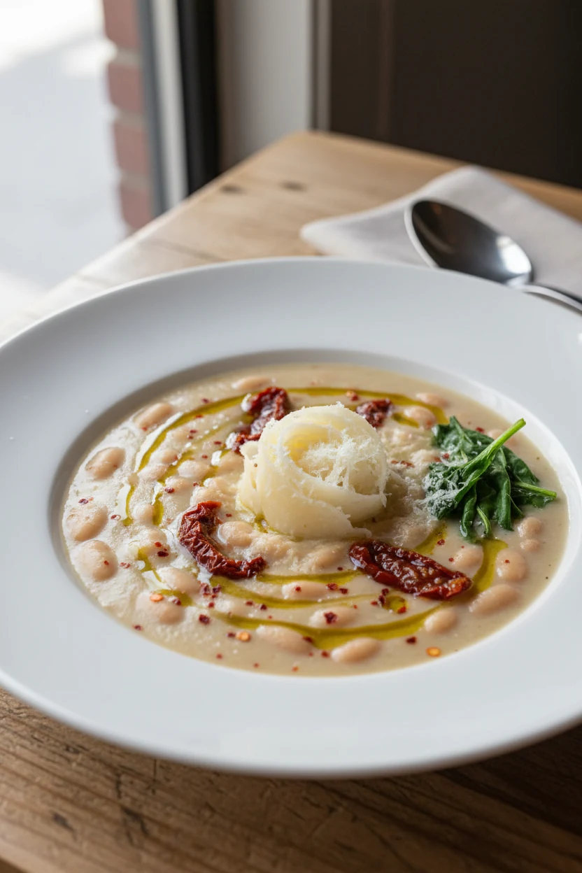 Beautifully plated Creamy Tuscan White Bean soup in a wide white bowl: velvety cream base with cannellini beans, sun-dri