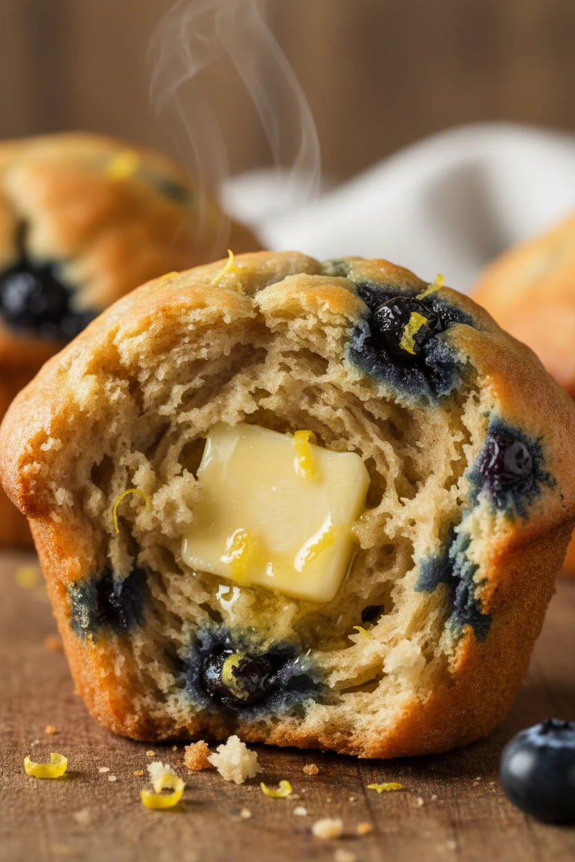 Macro close-up of a warm muffin torn open to reveal tender, moist crumb with suspended blueberries and lemon zest flecks