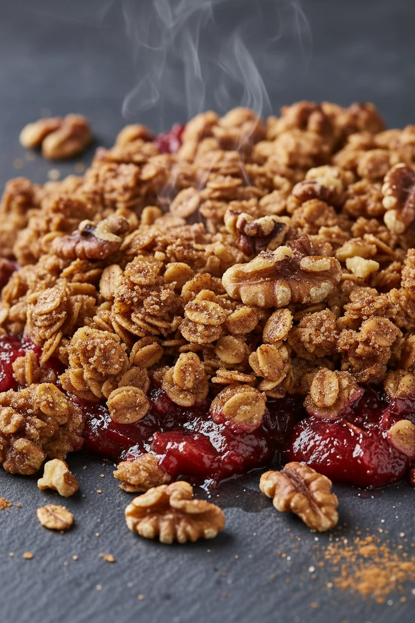 2. Close-up detail of the Rhubarb Crisp topping: crunchy old-fashioned oat clusters with cinnamon and brown sugar, toast