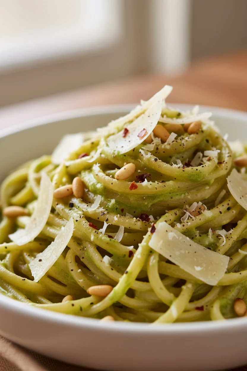 2. Close-up of glossy linguine coated in silky avocado-cilantro-lime sauce with micro-shaved Parmesan (or nutritional ye