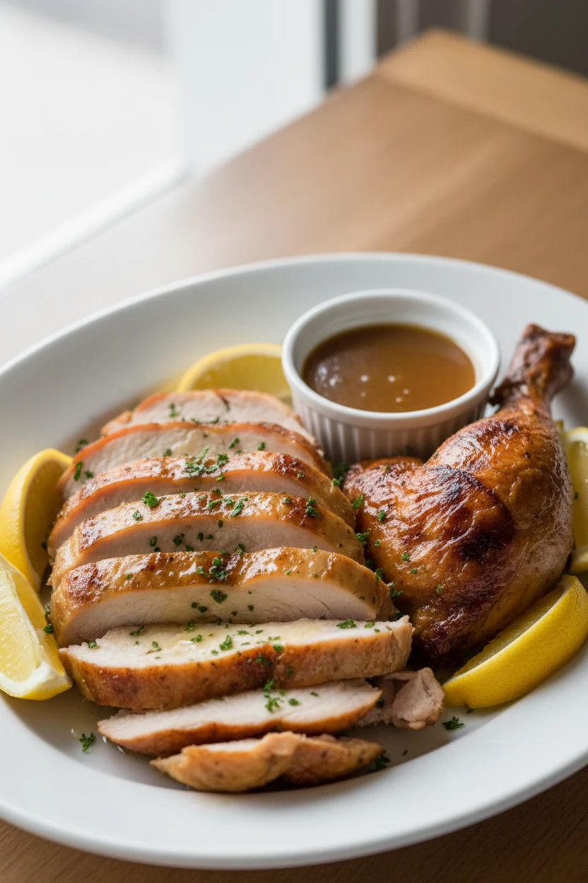 Beautifully plated carved turkey: juicy breast slices and crisp-skinned leg/thigh arranged on a white porcelain platter,