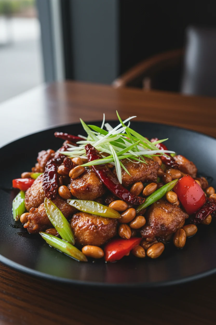 Final dish: Kung Pao Chicken—caramelized chicken pieces, charred dried red chilies, celery and red bell pepper, roasted 