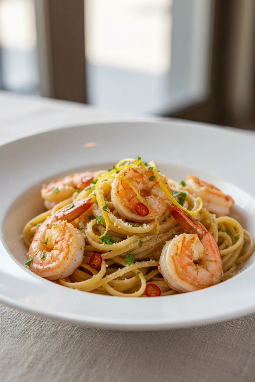 Beautifully plated lemon-garlic shrimp linguine in a wide white bowl: pink-gold shrimp, flecks of chili, fine Parmesan d