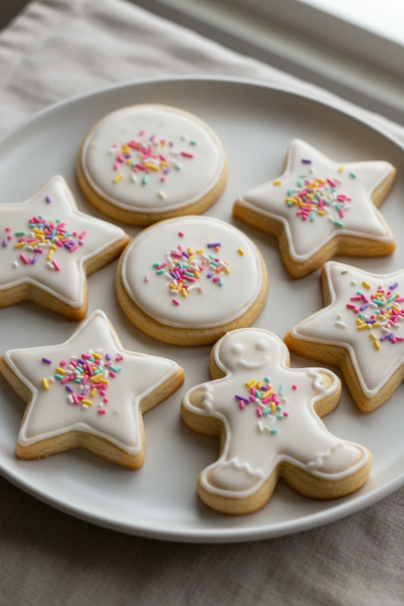 2. Beautifully plated classic cut-out sugar cookies decorated with smooth 10–12-second royal icing floods, simple white 